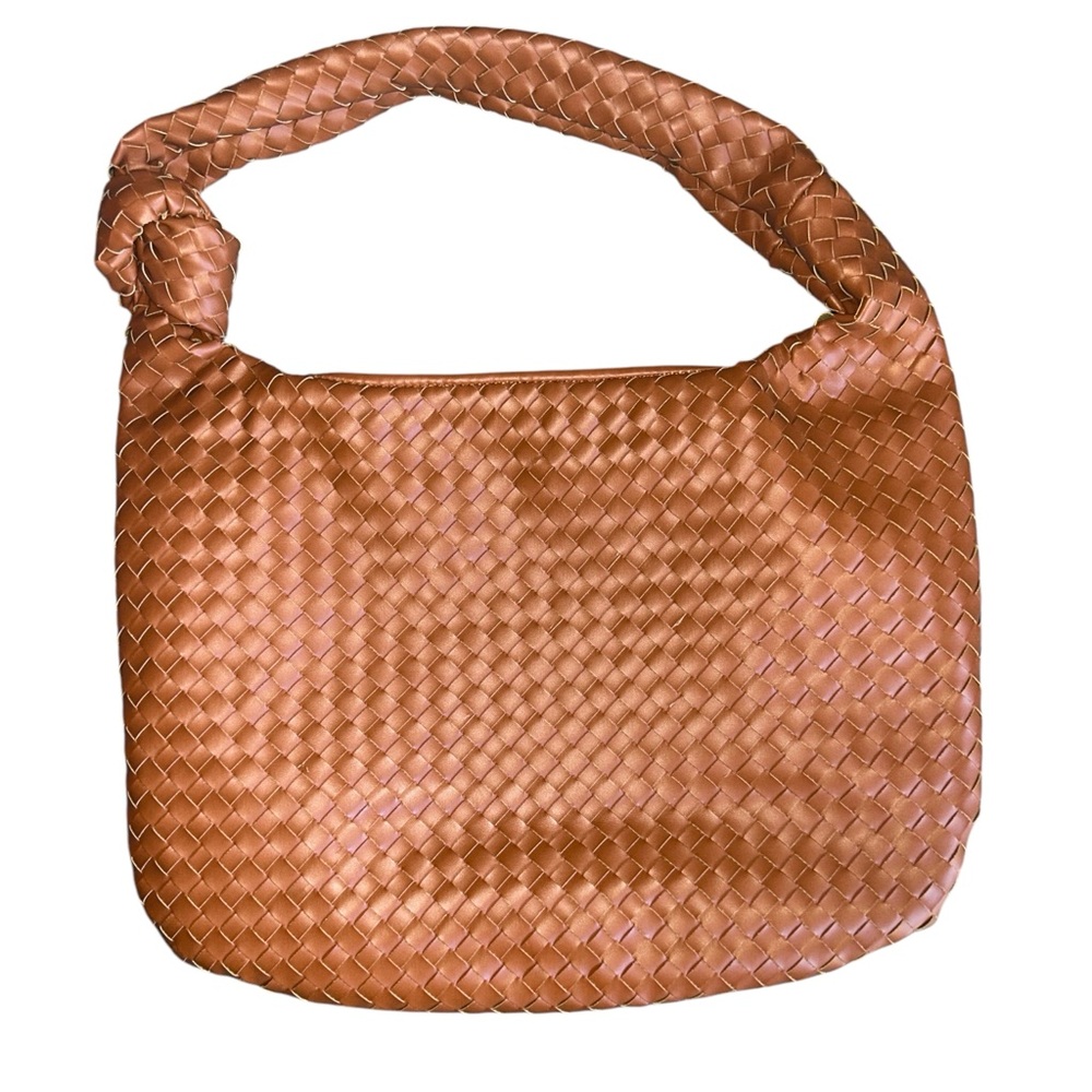 IMAN Chic Faux Leather Woven Braided Hobo Shoulder Bag Tan Zipper Closure